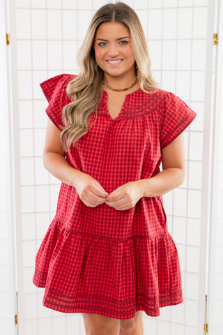 Lucky Stars Red Gingham Babydoll Mini Dress-Dresses-Entro-L. Mae Boutique & Wild Mabel Clothing