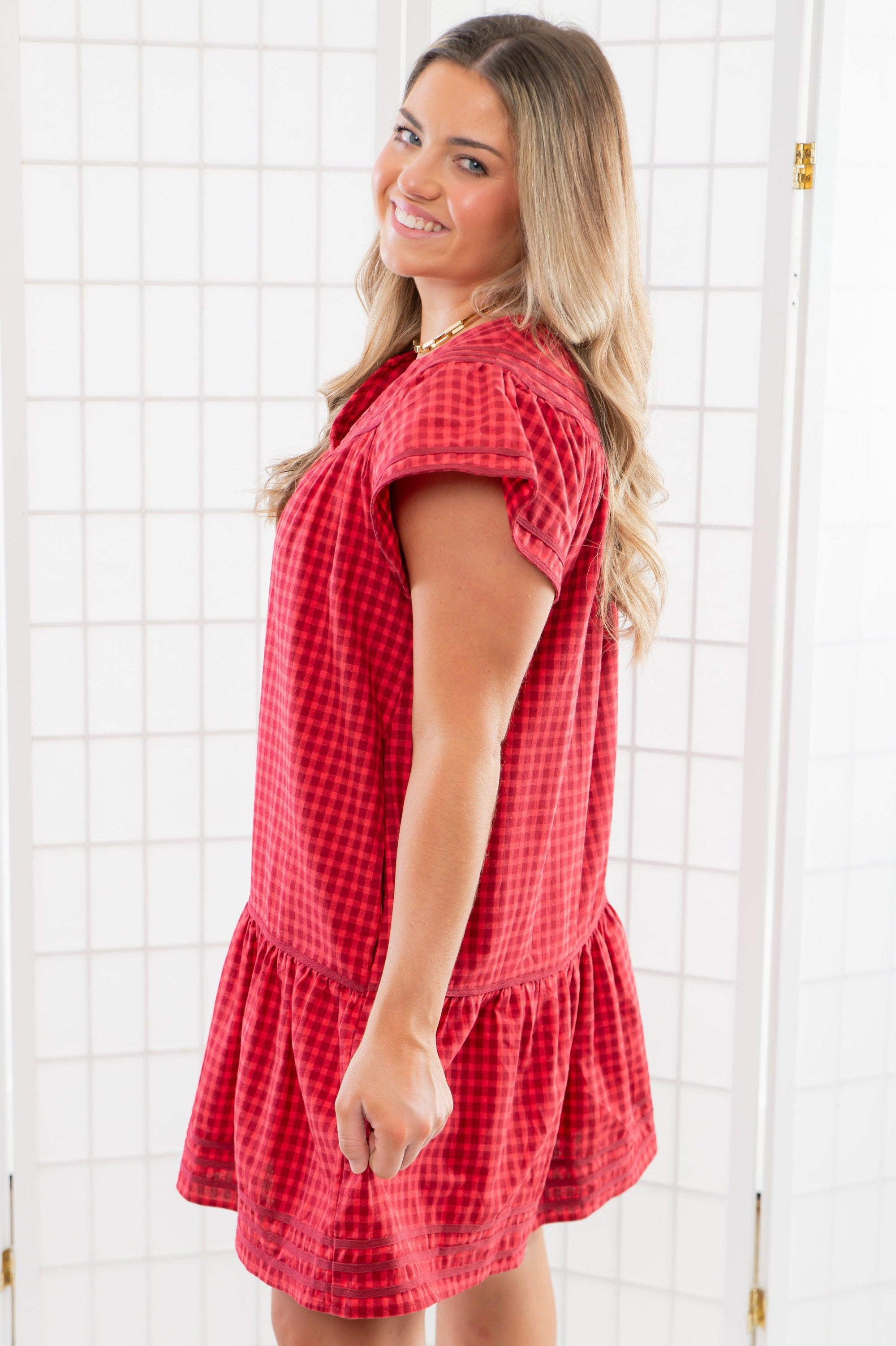 Lucky Stars Red Gingham Babydoll Mini Dress-Dresses-Entro-L. Mae Boutique &amp; Wild Mabel Clothing