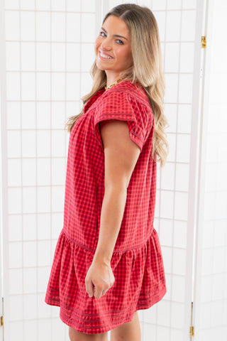 Lucky Stars Red Gingham Babydoll Mini Dress-Dresses-Entro-L. Mae Boutique & Wild Mabel Clothing