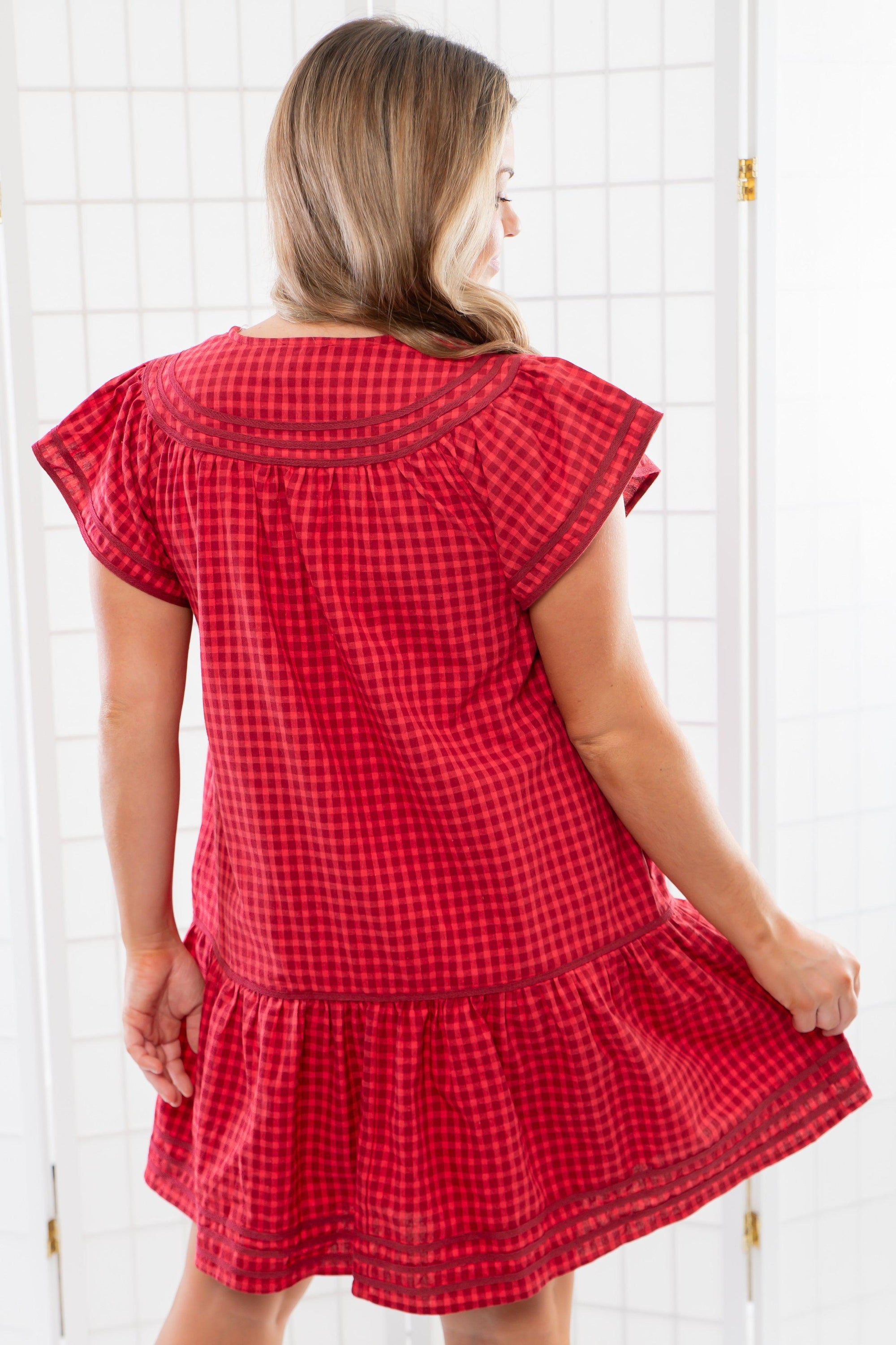 Lucky Stars Red Gingham Babydoll Mini Dress-Dresses-Entro-L. Mae Boutique &amp; Wild Mabel Clothing