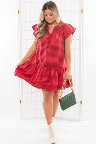 Lucky Stars Red Gingham Babydoll Mini Dress-Dresses-Entro-L. Mae Boutique & Wild Mabel Clothing