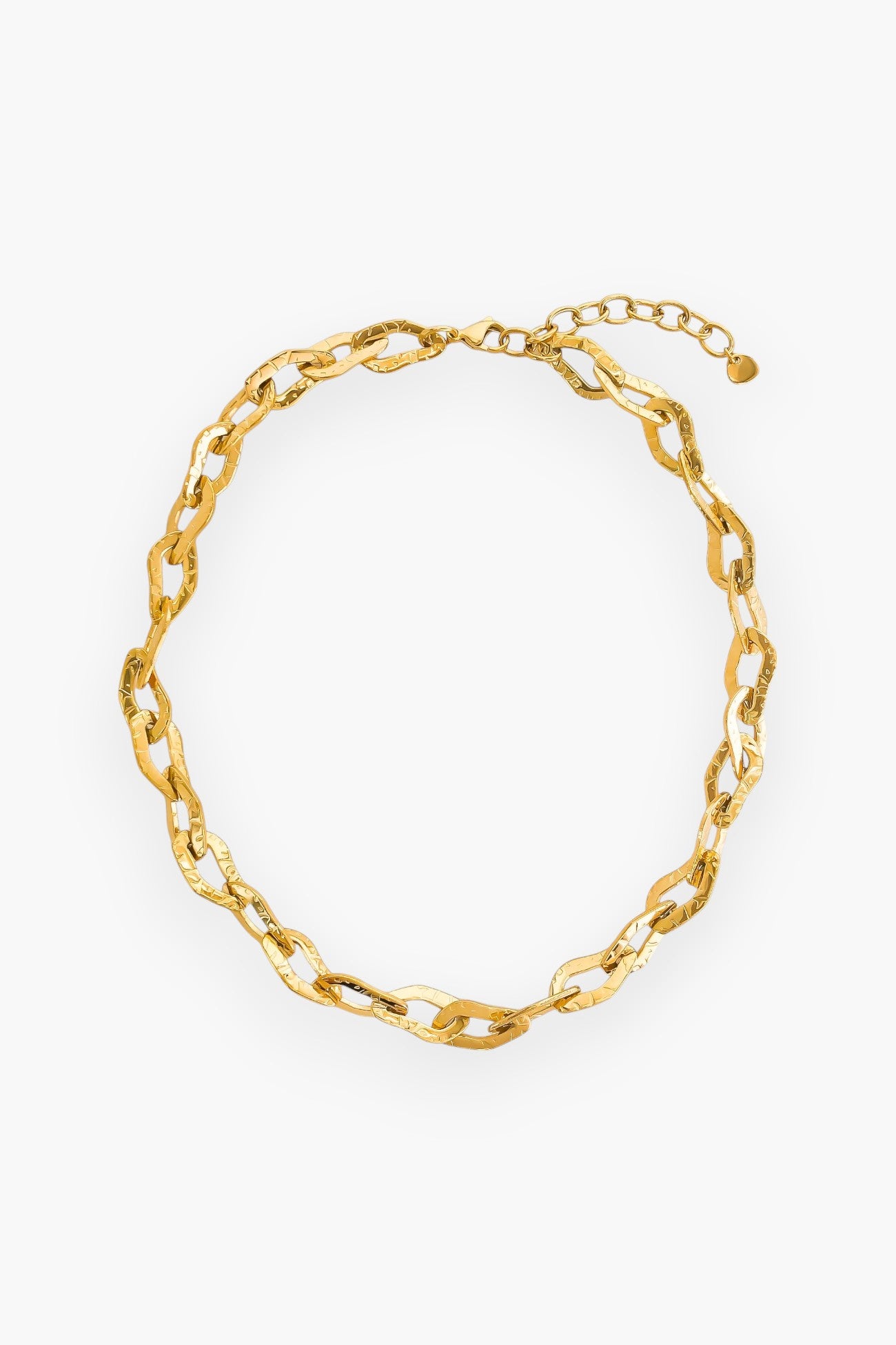 Lucy Gold Hammered Chain Necklace displayed in a circular arrangement, highlighting its intricate hammered texture and adjustable clasp.