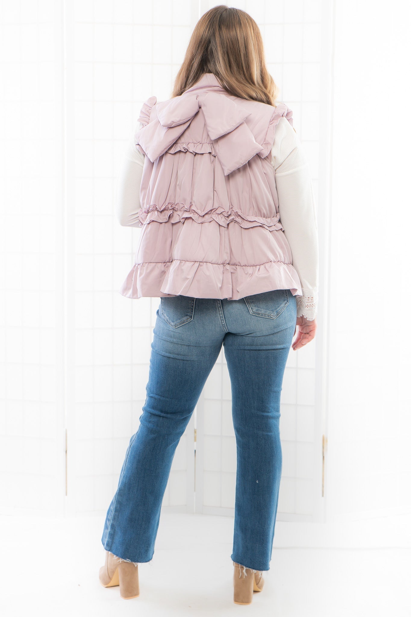 Lunar Ruffle Trim Puffer Vest With Back Bow-Outerwear-TCEC-L. Mae Boutique &amp; Wild Mabel Clothing