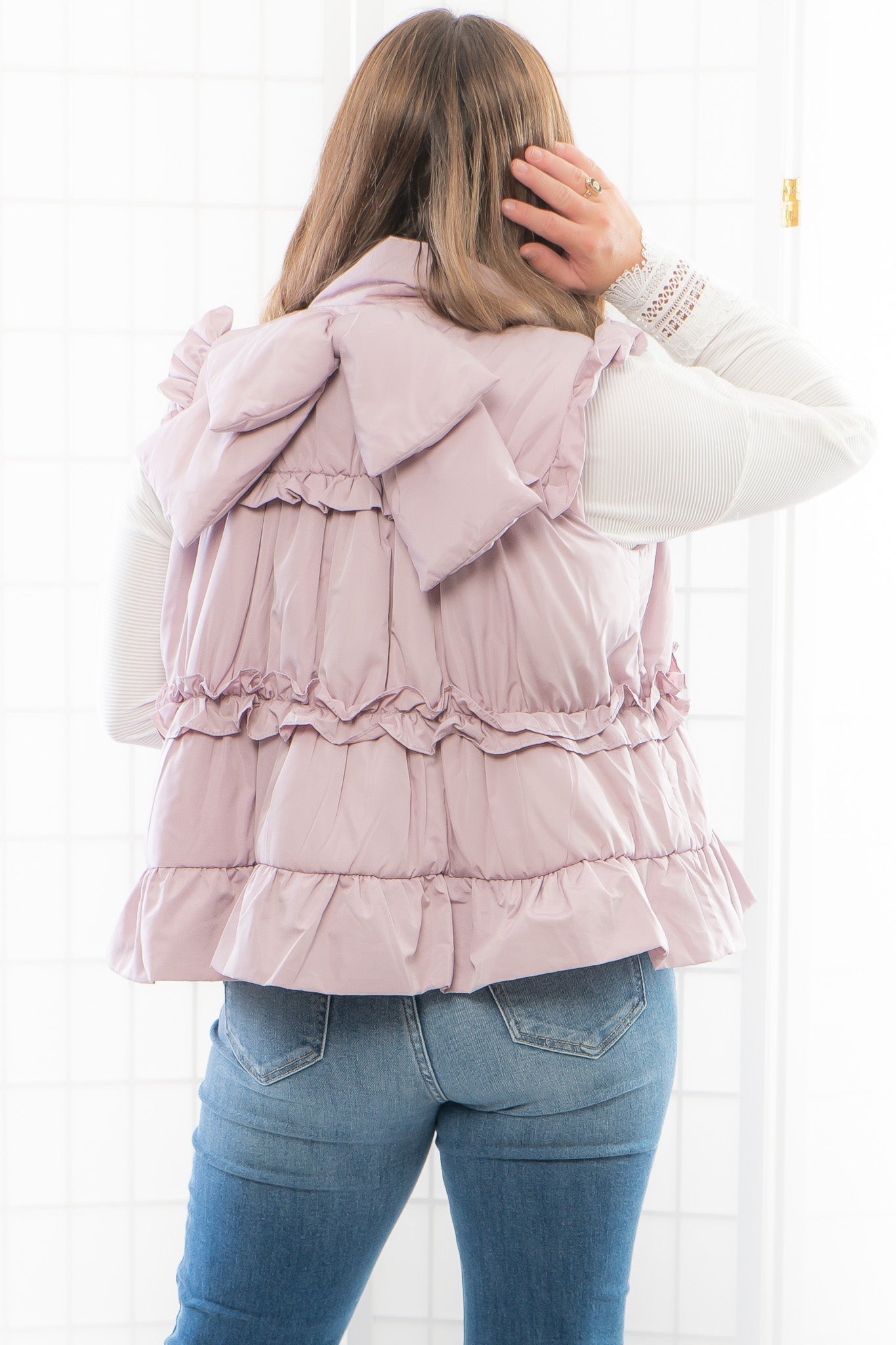 Lunar Ruffle Trim Puffer Vest With Back Bow-Outerwear-TCEC-L. Mae Boutique &amp; Wild Mabel Clothing