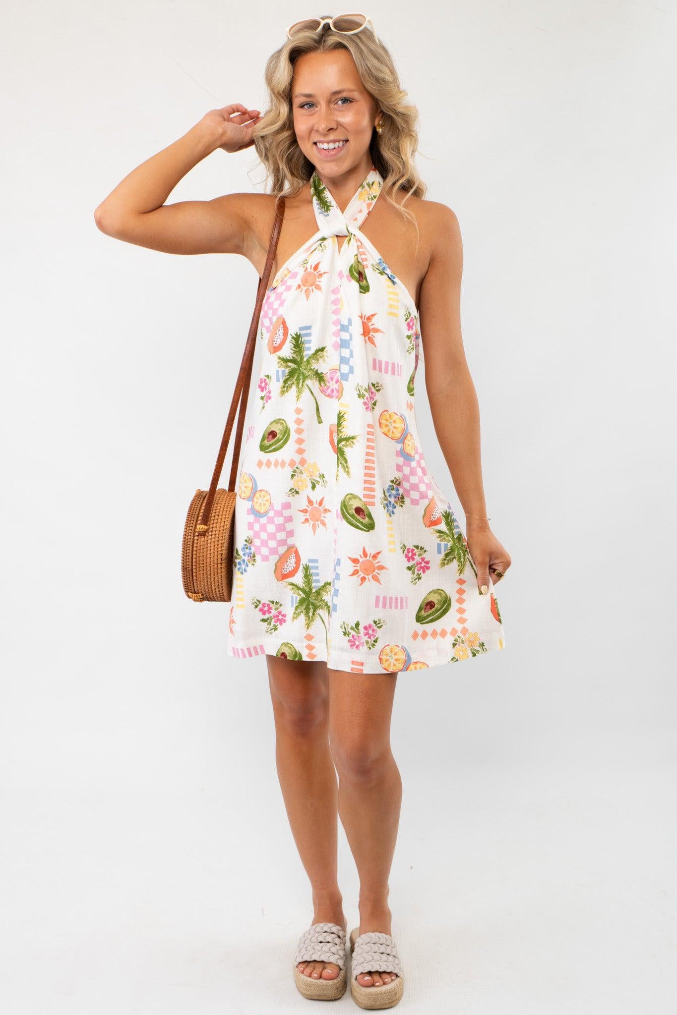 MP Fruity Floral Gracie Halter Neck Mini Dress LM featuring a vibrant tropical print, perfect for beach vacations and spring break getaways.