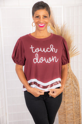 MVP Garnet Touchdown Football Top-Tops-Peach Love California-L. Mae Boutique & Wild Mabel Clothing