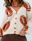Ivory cardigan with football print for fall, fall game day cardigan, neutral game day cardigan with footballs