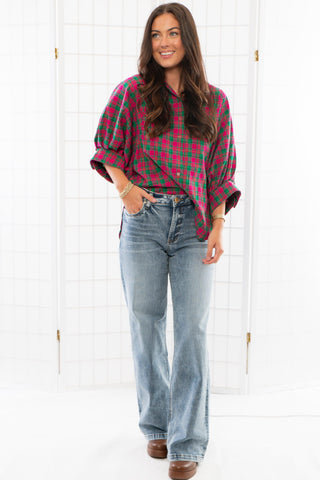 Made You Look Magenta Plaid Button Down Top-Entro-L. Mae Boutique