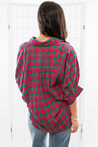 Made You Look Magenta Plaid Button Down Top-Entro-L. Mae Boutique