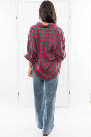 Made You Look Magenta Plaid Button Down Top-Entro-L. Mae Boutique