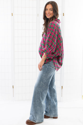 Made You Look Magenta Plaid Button Down Top-Tops-Entro-L. Mae Boutique & Wild Mabel Clothing