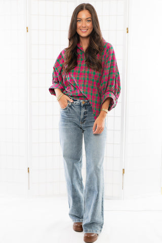 Made You Look Magenta Plaid Button Down Top-Tops-Entro-L. Mae Boutique & Wild Mabel Clothing