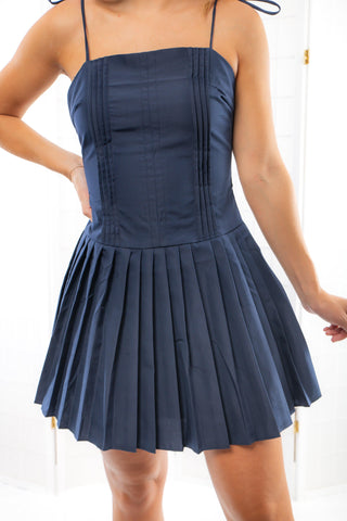 Marie Navy Fit & Flare Pleated Mini Dress-Dresses-TCEC-L. Mae Boutique & Wild Mabel Clothing