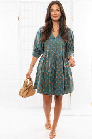 Marigold Block Floral Print Mini Dress-Entro-L. Mae Boutique