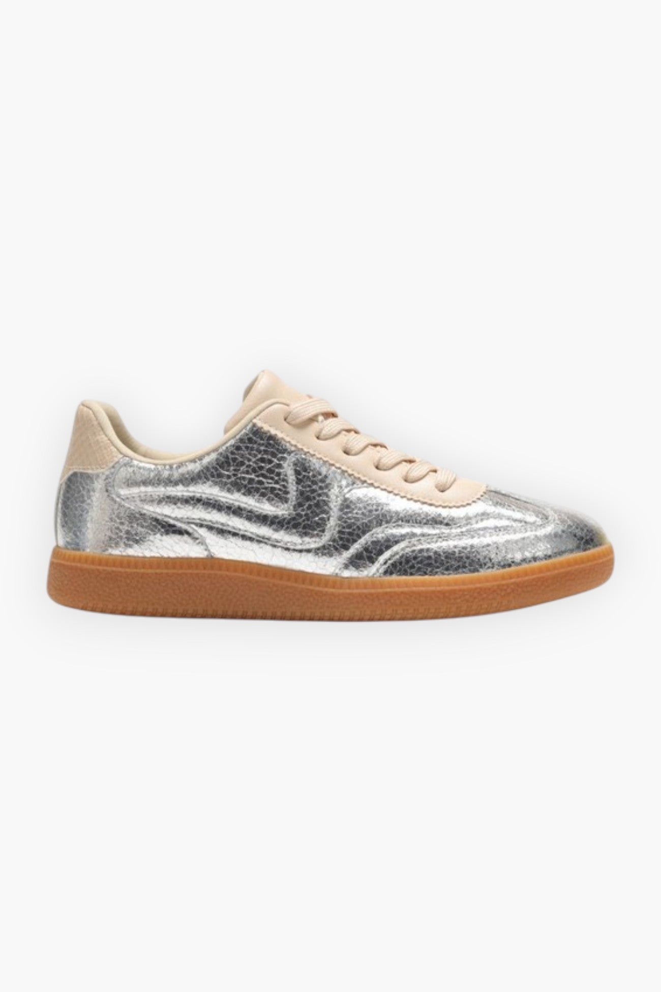 Metallic silver sneakers with a textured finish, beige laces, and a gum sole. Stylish and comfortable footwear for all-year wear from L Mae Boutique.