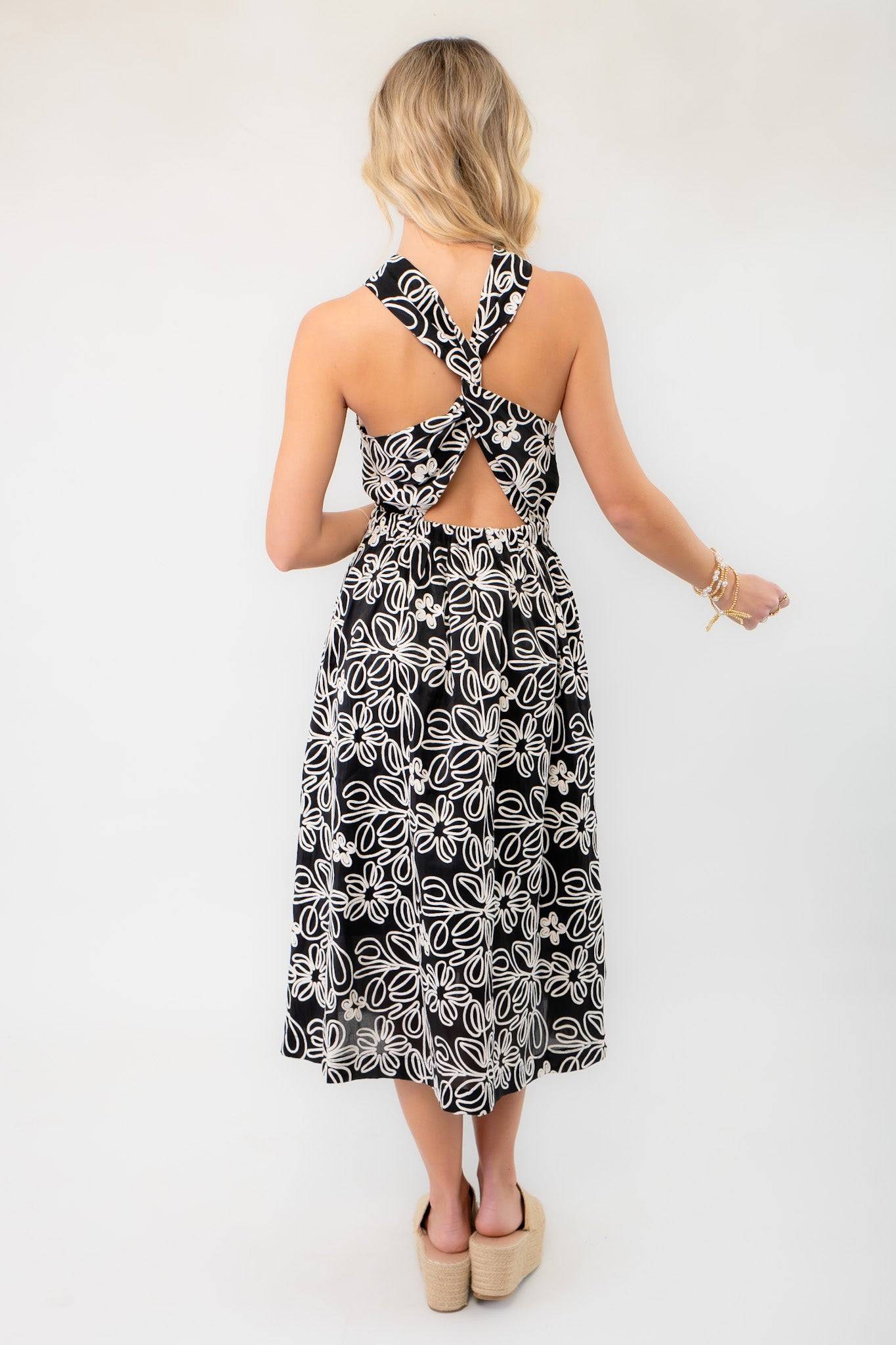 Elegant Black Floral Halter Neck Midi Dress | Perfect for Any Event L. Mae Boutique Elegant Black Floral Halter Neck Midi Dress | Perfect for Any Event L. Mae Boutique