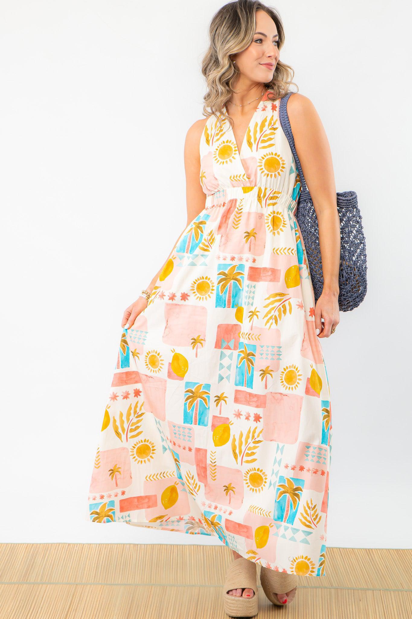 Moroccan Coast Tile Print V-Neck Maxi Dress with a vibrant resort-ready design, featuring a flowy skirt and side pockets for effortless summer style.