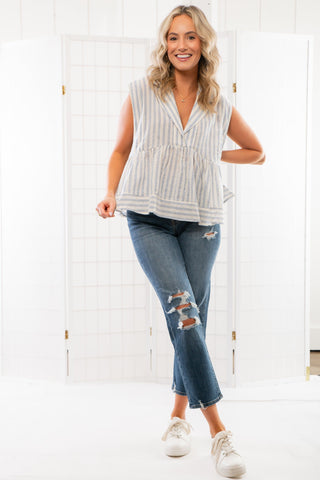 Nantucket Blue Nautical Striped Babydoll Top-Tops-By Together-L. Mae Boutique & Wild Mabel Clothing