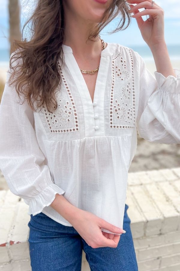 Natalie White Eyelet Button Blouse with delicate eyelet details and balloon sleeves, perfect for a boho-chic look. A stylish spring essential for any wardrobe.