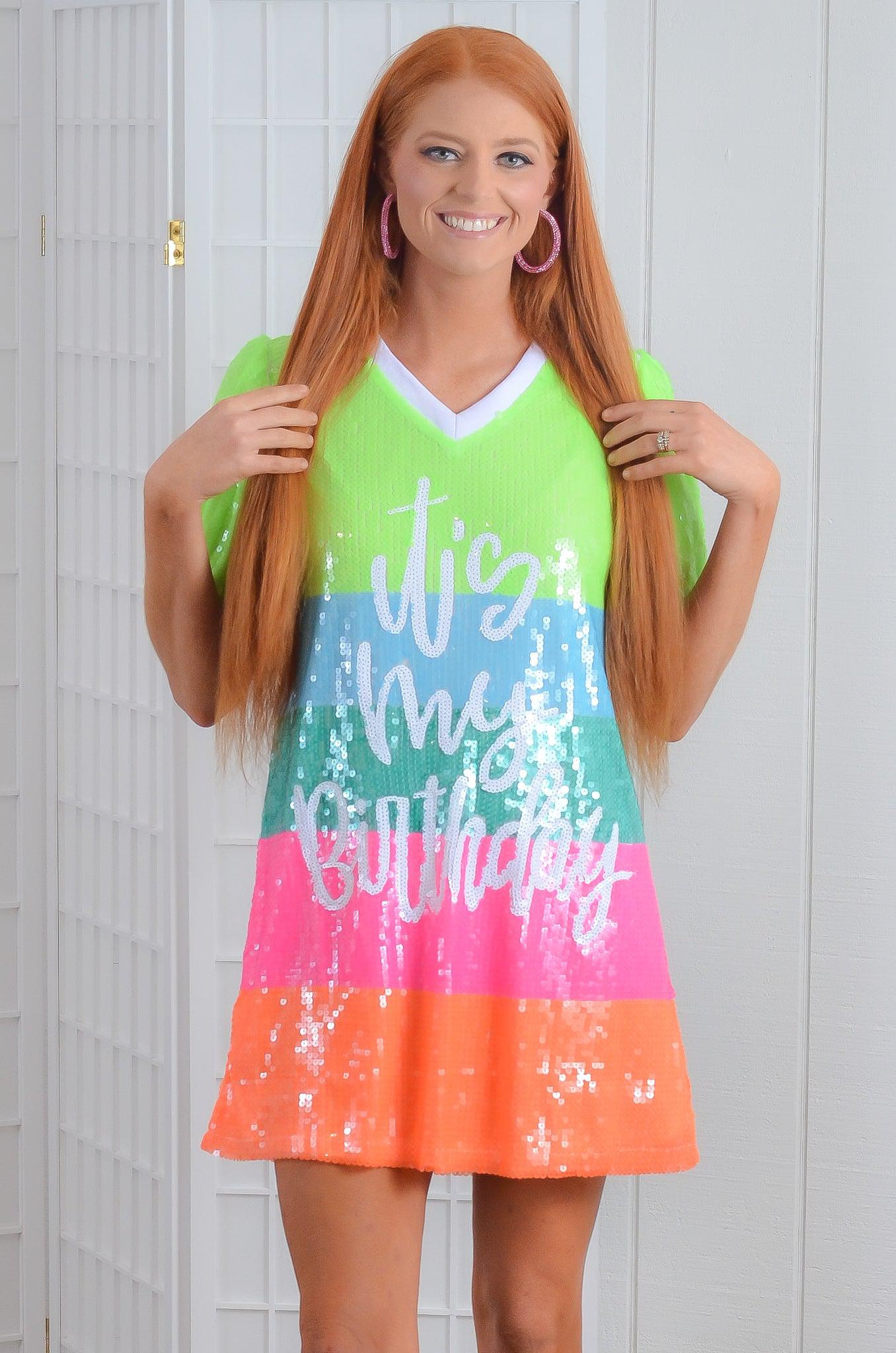 Neon Sequin Striped Birthday Dress-Dresses-WHY Dress-L. Mae Boutique &amp; Wild Mabel Clothing