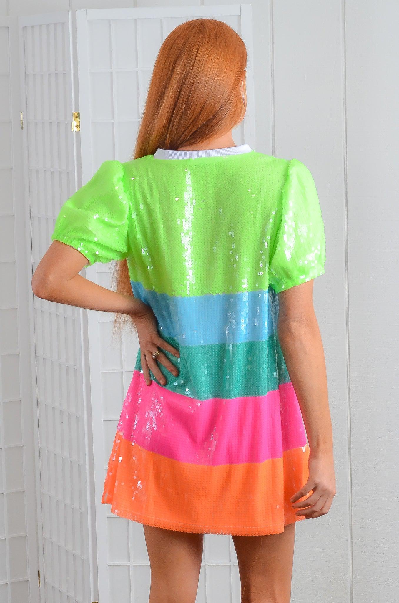 Neon Sequin Striped Birthday Dress-Dresses-WHY Dress-L. Mae Boutique &amp; Wild Mabel Clothing