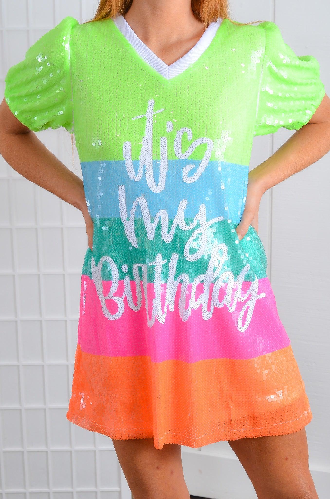 Neon Sequin Striped Birthday Dress-Dresses-WHY Dress-L. Mae Boutique &amp; Wild Mabel Clothing