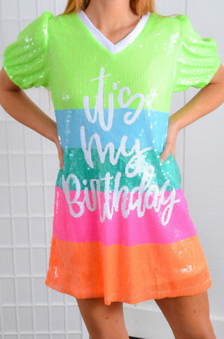 Neon Sequin Striped Birthday Dress-WHY Dress-L. Mae Boutique