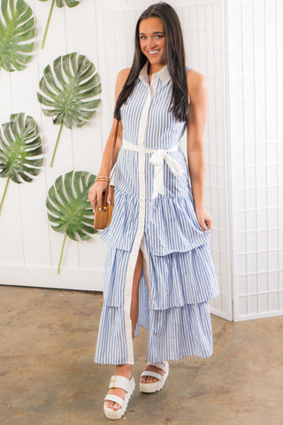Never Dull Blue Striped Button Down Tiered Maxi Dress-Fore Collection-L. Mae Boutique