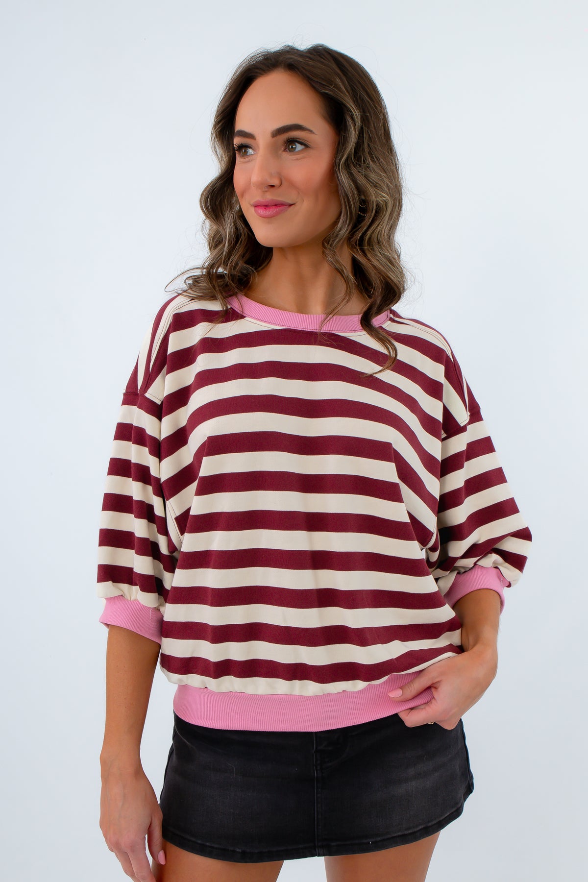 Niki Burgundy &amp; Pink Stripe Short Sleeve Sweatshirt