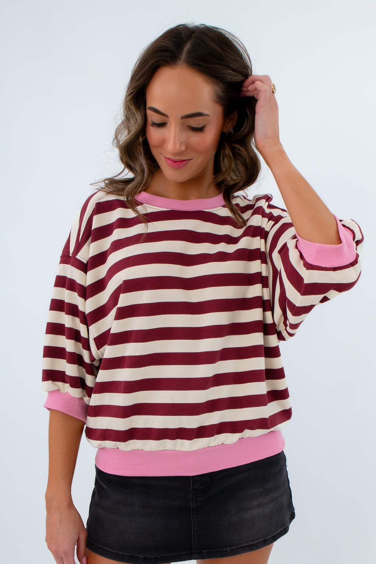 Lightweight yet warm fall sweatshirt for layering, striped short sleeve sweatshirt with pops of color