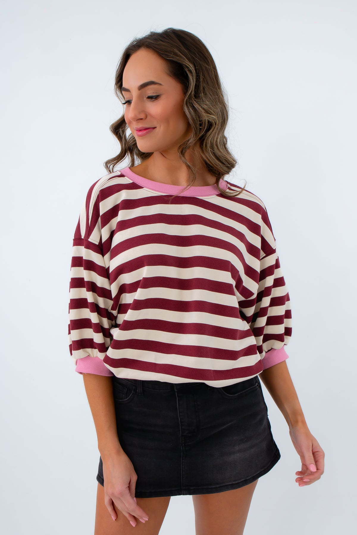 Casual University of South Carolina game day short sleeve top, burgundy and cream striped shirt with pink pops of color