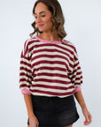 Casual University of South Carolina game day short sleeve top, burgundy and cream striped shirt with pink pops of color