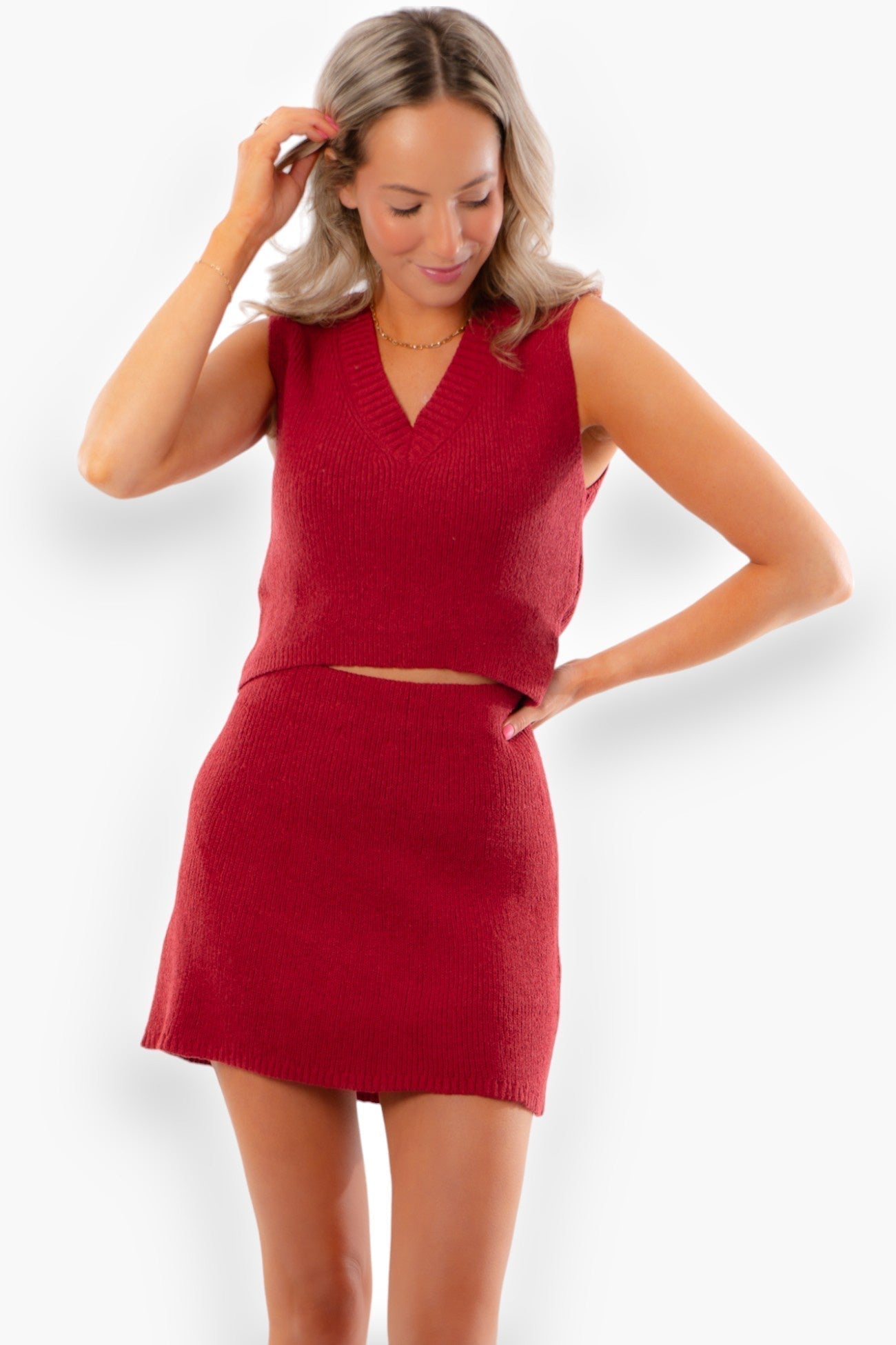 No Complaints Crimson V Neck Sweater Vest and Skirt Set-Onesies-TCEC-L. Mae Boutique &amp; Wild Mabel Clothing