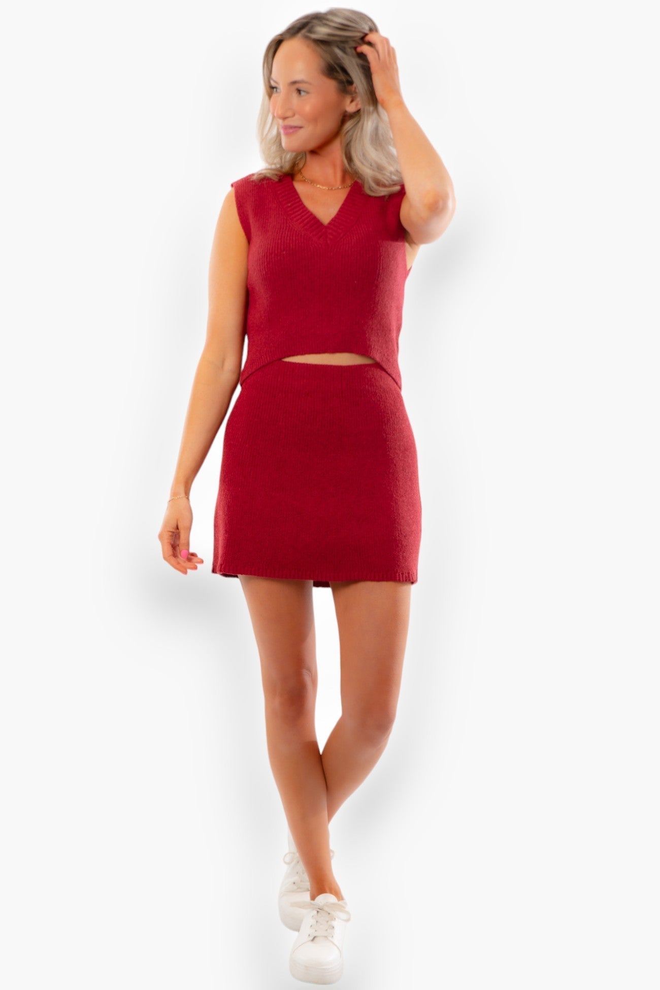 No Complaints Crimson V Neck Sweater Vest and Skirt Set-Onesies-TCEC-L. Mae Boutique &amp; Wild Mabel Clothing