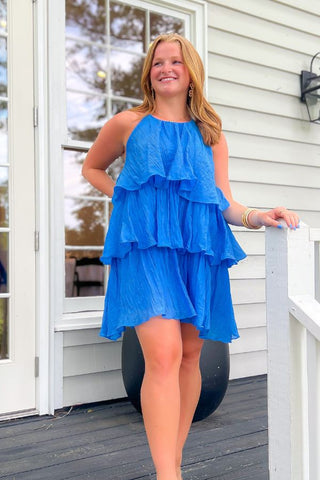 No Time Wasted Blue Ruffle Layered Halter Mini Dress-Dresses-Lalavon-L. Mae Boutique & Wild Mabel Clothing