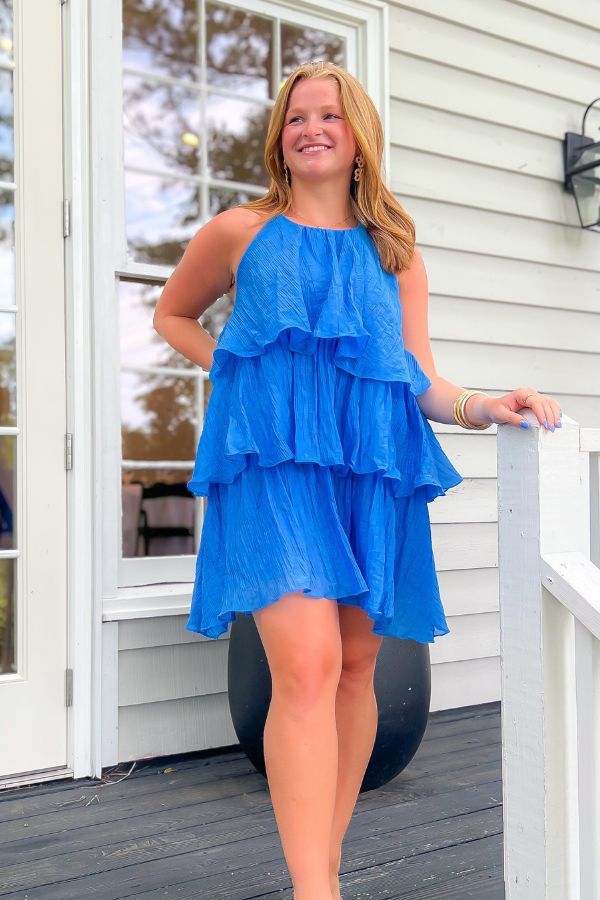 No Time Wasted Blue Ruffle Layered Halter Mini Dress-Dresses-Lalavon-L. Mae Boutique & Wild Mabel Clothing