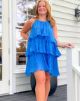 No Time Wasted Blue Ruffle Layered Halter Mini Dress-Dresses-Lalavon-L. Mae Boutique & Wild Mabel Clothing