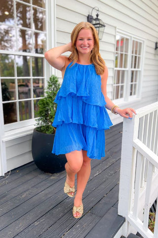 No Time Wasted Blue Ruffle Layered Halter Mini Dress-Dresses-Lalavon-L. Mae Boutique & Wild Mabel Clothing