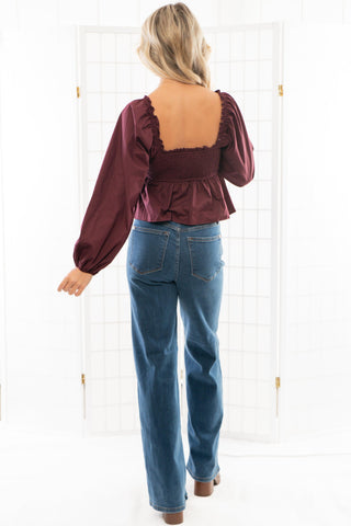 Nora Burgundy Square Neck Smocked Top-Tops-Le Lis-L. Mae Boutique & Wild Mabel Clothing