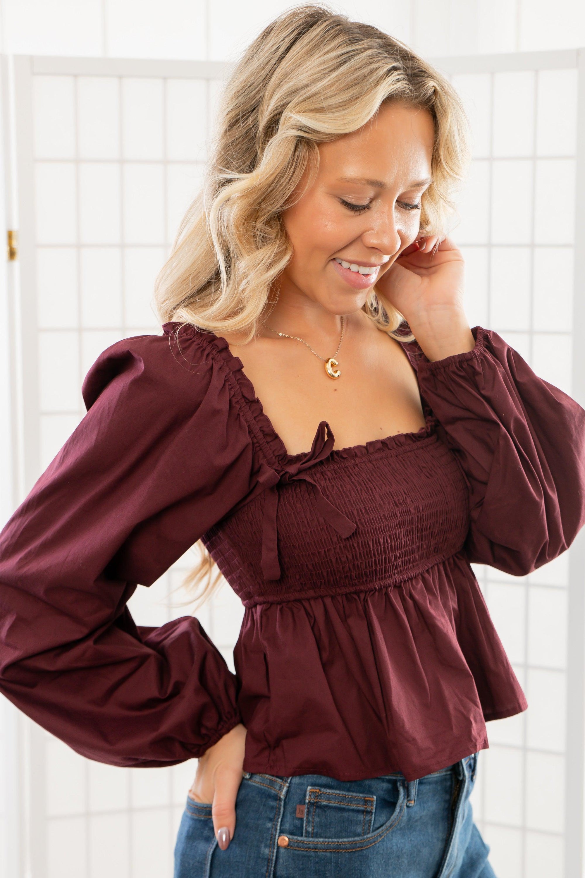 Nora Burgundy Square Neck Smocked Top-Tops-Le Lis-L. Mae Boutique &amp; Wild Mabel Clothing