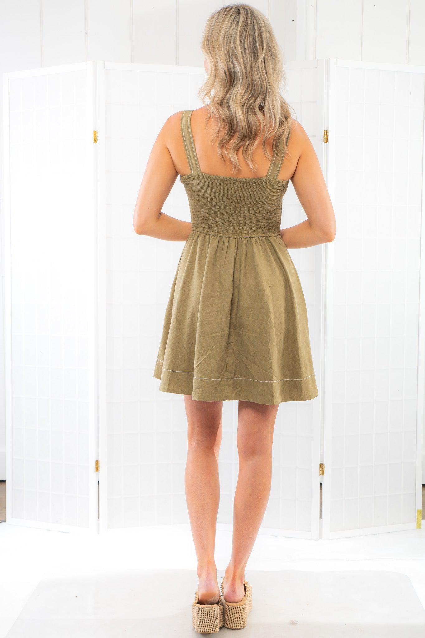 Olive Fit &amp; Flare Linen Mini Dress-Dresses-In February-L. Mae Boutique &amp; Wild Mabel Clothing