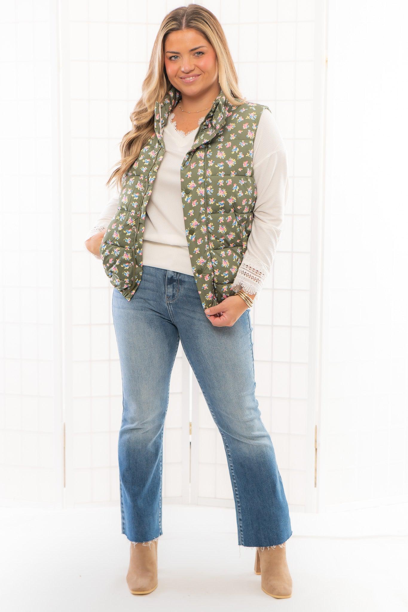 Olive Floral Puffer Vest-Outerwear-TCEC-L. Mae Boutique & Wild Mabel Clothing