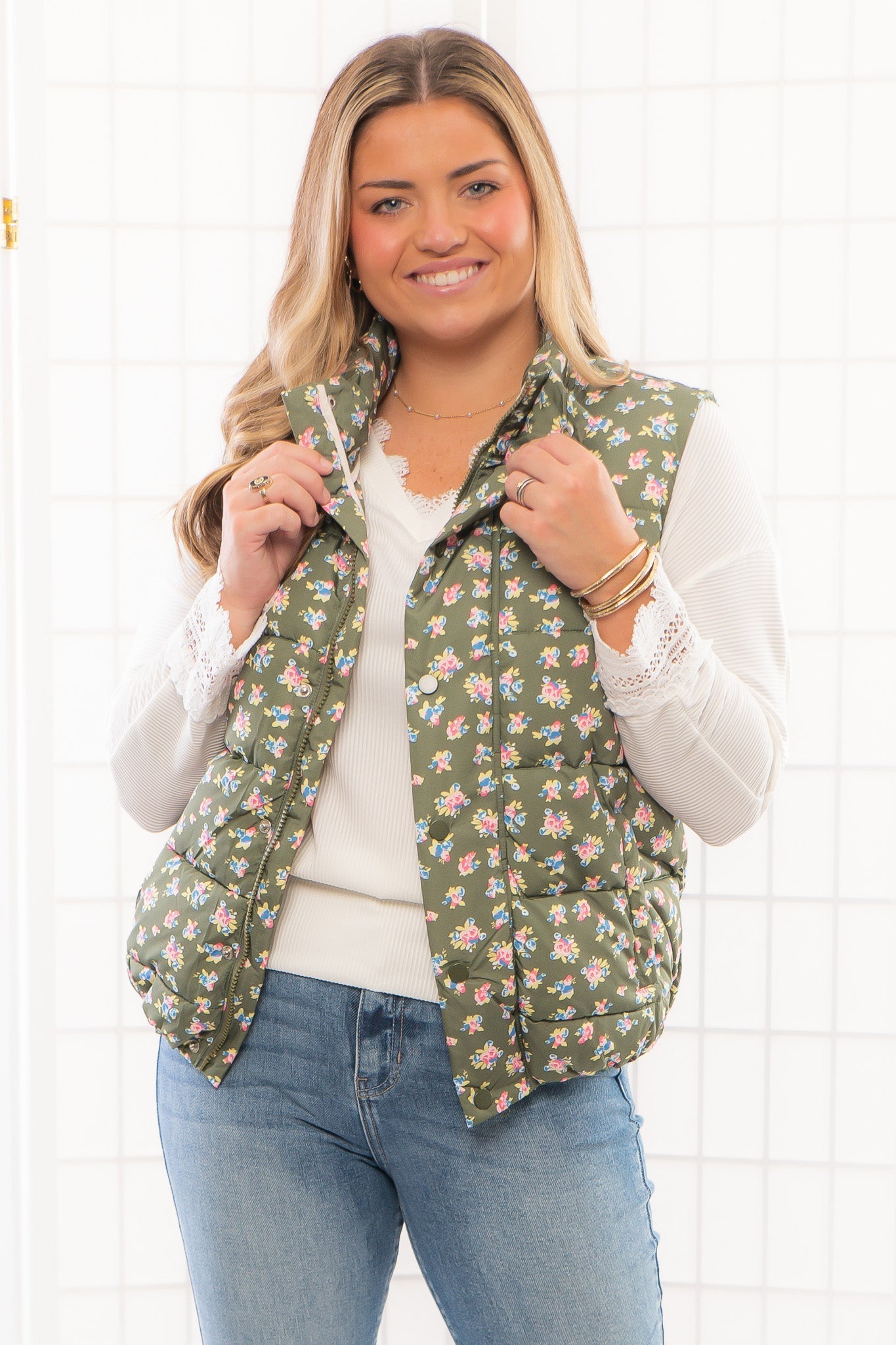 Olive Floral Puffer Vest-Outerwear-TCEC-L. Mae Boutique & Wild Mabel Clothing