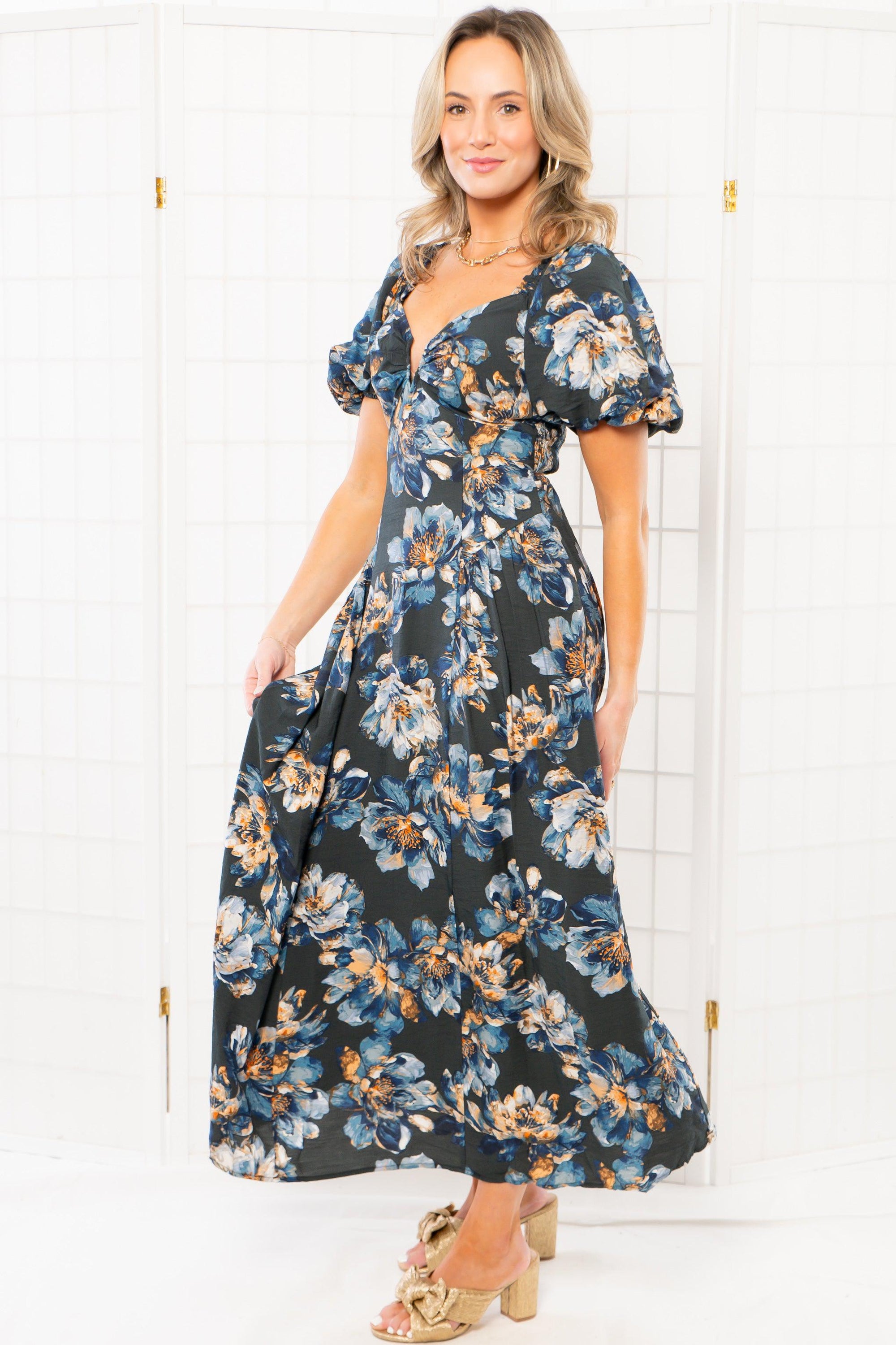 Olivia Blue Floral Puff Sleeve Midi Dress-Dresses-En Creme-L. Mae Boutique &amp; Wild Mabel Clothing