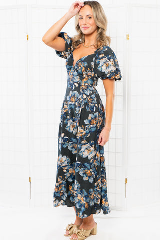 Olivia Blue Floral Puff Sleeve Midi Dress-Dresses-En Creme-L. Mae Boutique & Wild Mabel Clothing