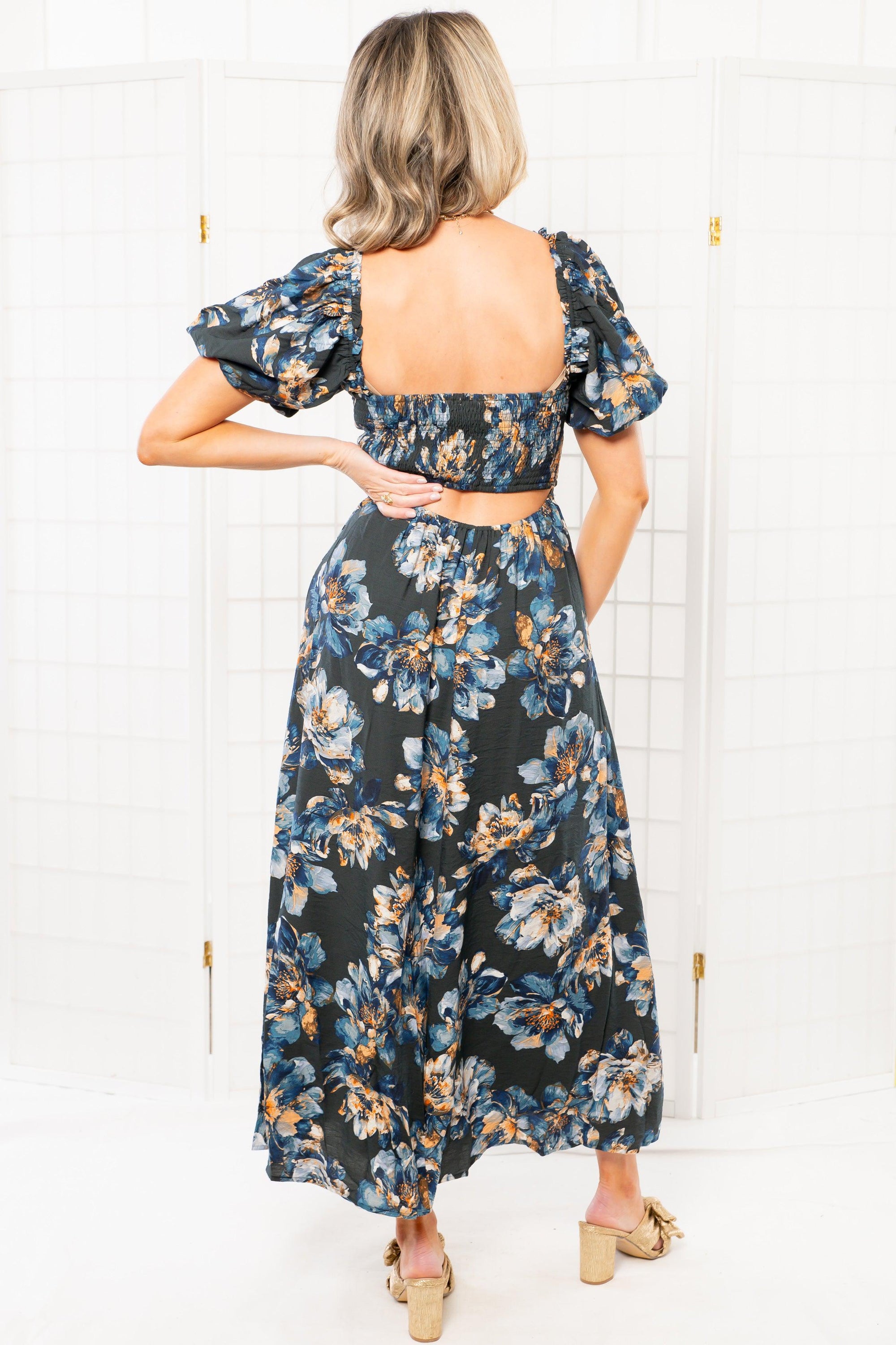 Olivia Blue Floral Puff Sleeve Midi Dress-Dresses-En Creme-L. Mae Boutique &amp; Wild Mabel Clothing