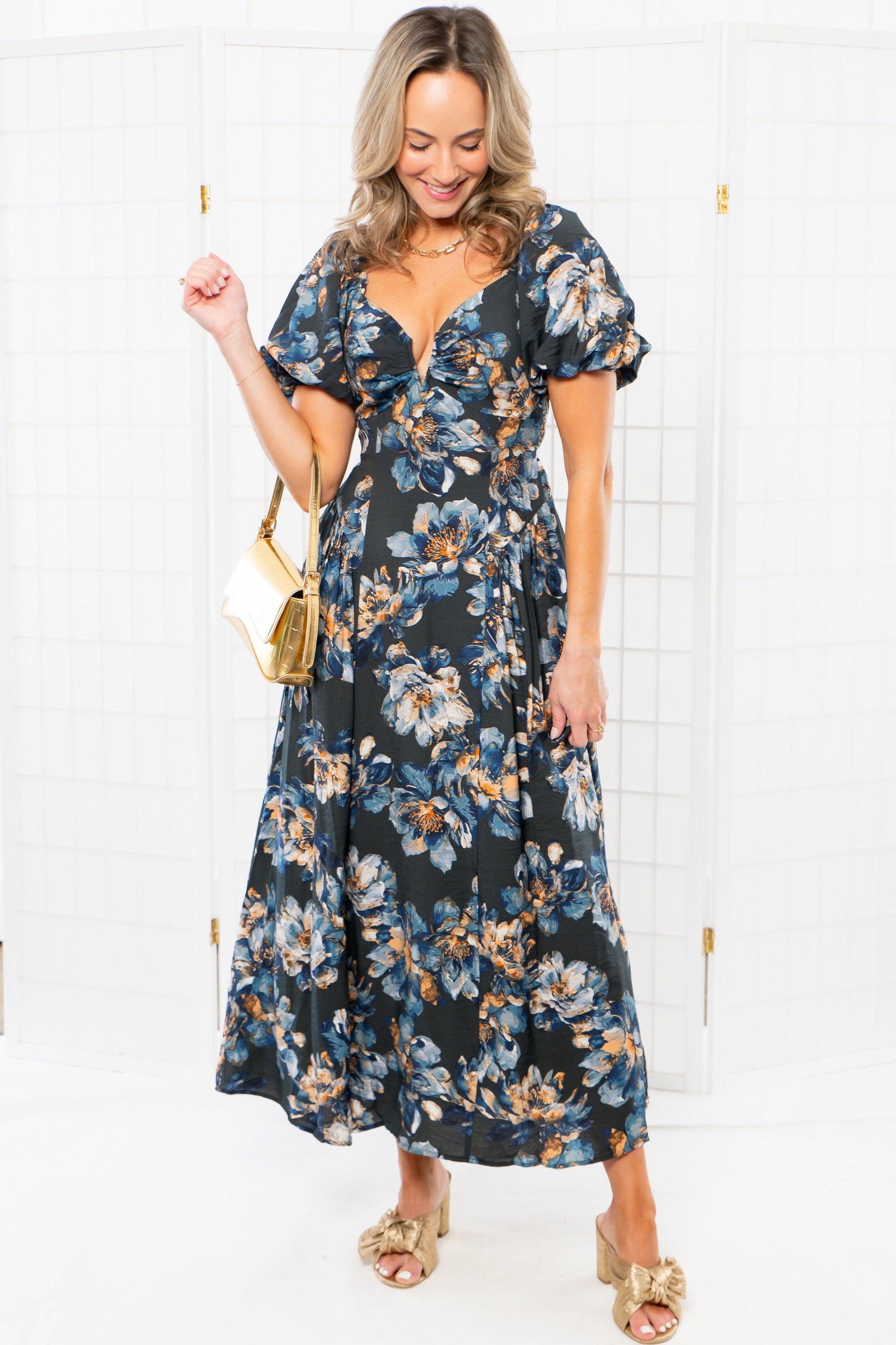 Olivia Blue Floral Puff Sleeve Midi Dress-Dresses-En Creme-L. Mae Boutique &amp; Wild Mabel Clothing