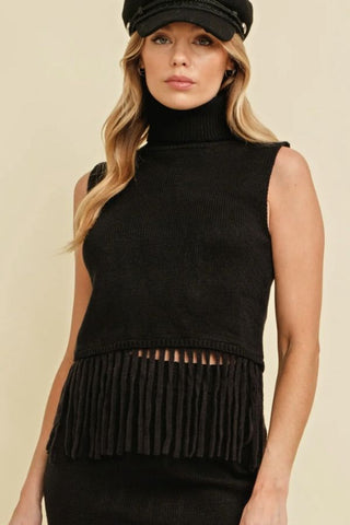 On the Road Black Fringe Knit Turtle Neck Sleeveless Sweater-Cloud Ten-L. Mae Boutique