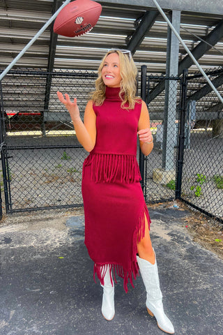 On the Road Burgundy Fringe Knit Maxi Skirt-Bottoms-Cloud Ten-L. Mae Boutique & Wild Mabel Clothing