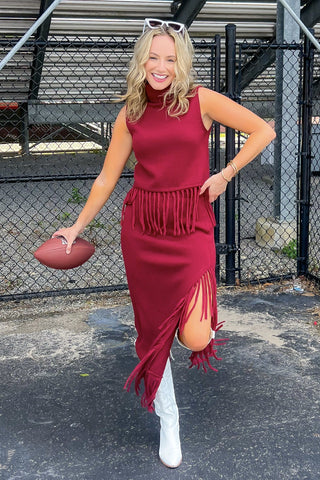 On the Road Burgundy Fringe Knit Maxi Skirt-Bottoms-Cloud Ten-L. Mae Boutique & Wild Mabel Clothing